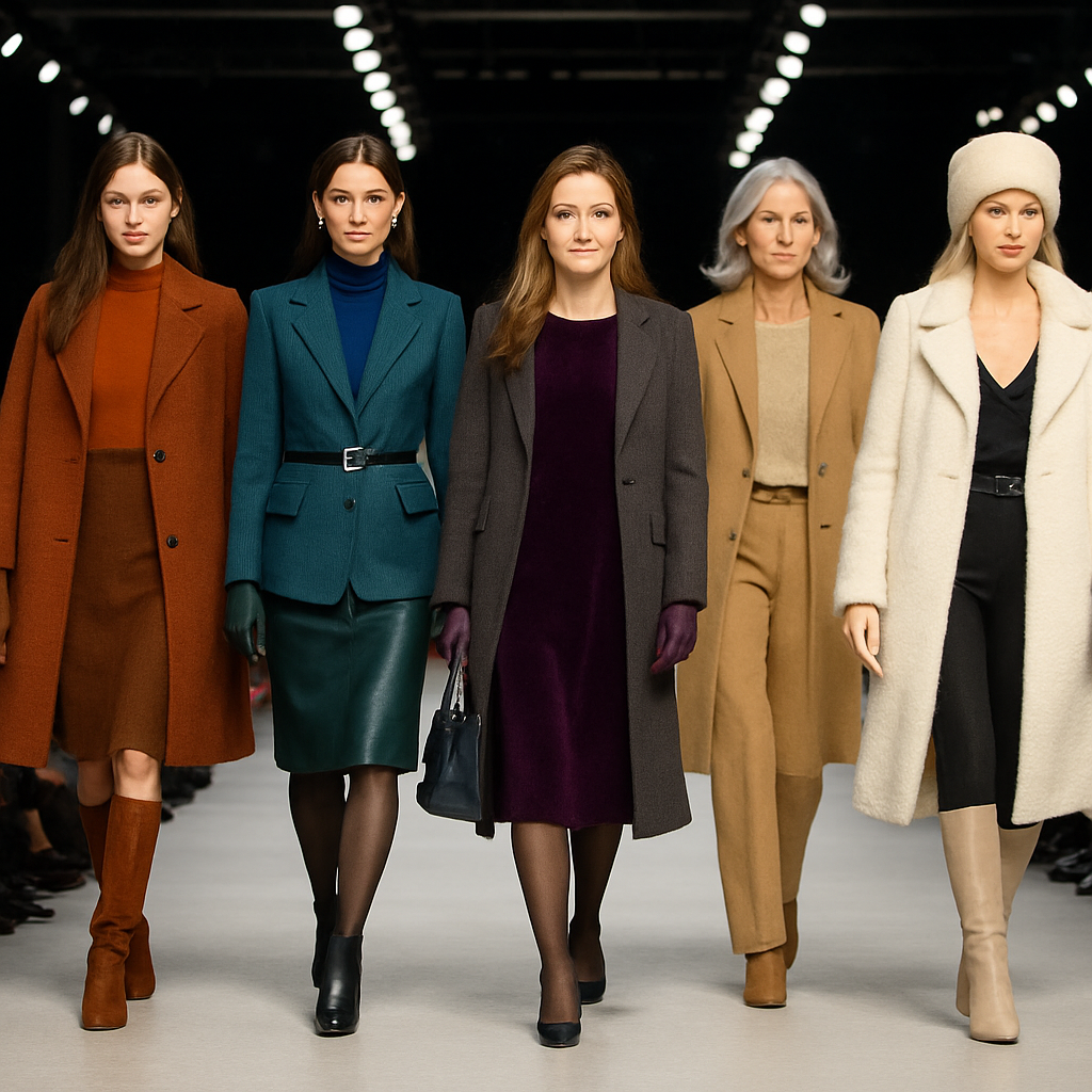 Fünf Models präsentieren auf einem hellen Laufsteg elegante Herbst/Winter-Mode 2025/26 mit Trendfarben, strukturierten Stoffen und modernen Accessoires.
