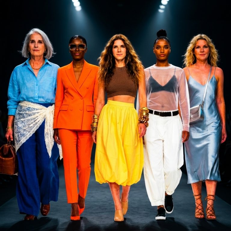 Fünf Models auf dem Laufsteg: Grauhaarige Frau mit Bluse, weiter HOse und diagonal über Hüfte gebundenes Spitzentuch. Schwarzes Model mit Sonnenbrille und tangerine-farbigem Hosenanzug. Model mit weiterm gelben Midirock, taillenkurzem braunen Stricktop und klobigen Armreifen. Modet mit weißen Ballonhosen, schwarzem BH und weiß-transparentem langärmligen Oberteil darüber. Model mit eisblauem Satin Spaghettiträger-Kleid, silberner kleinen Tasche, und wadenhoch geschnüften Sandalen.